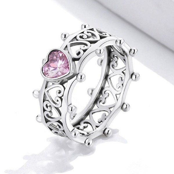 Anel Coroa Coração de Zircônia Rosa Prata
