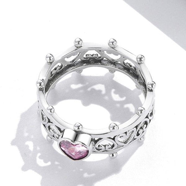 Anel Coroa Coração de Zircônia Rosa Prata