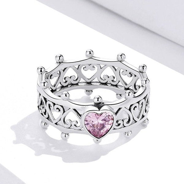 Anel Coroa Coração de Zircônia Rosa Prata