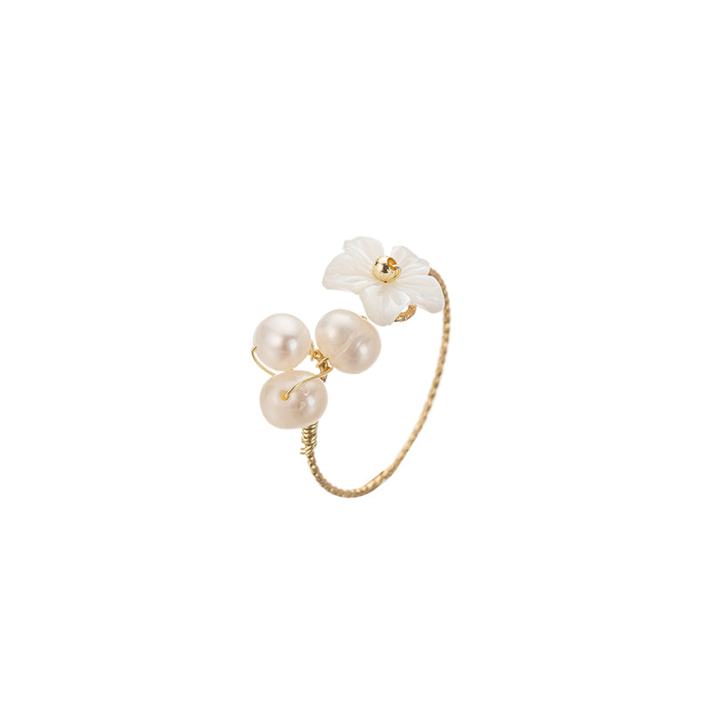 Anel Dourado Flor e Pérolas