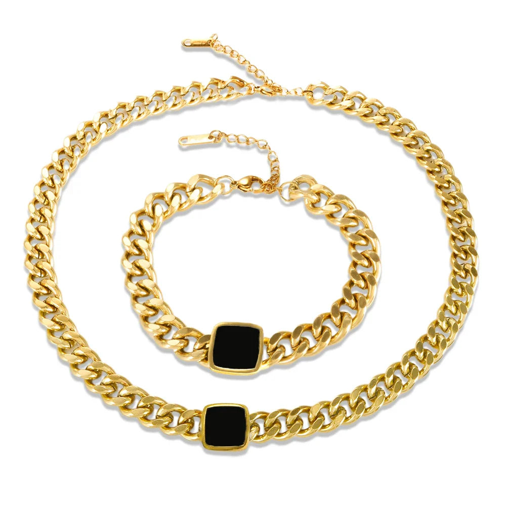 Conjunto Colar e Pulsera Corrente com Pedra Negra