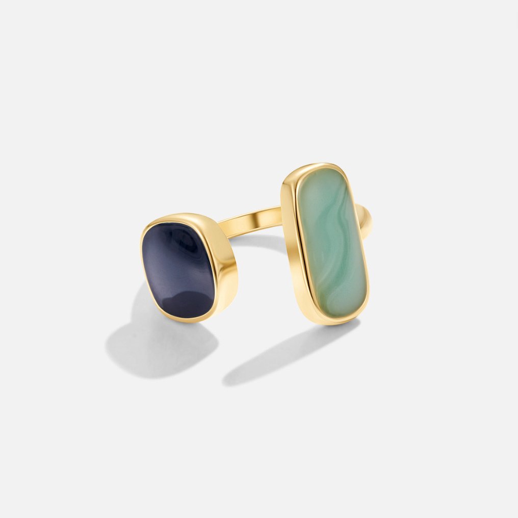 Anel Dourado Ajustável Pedra Negra e Azul