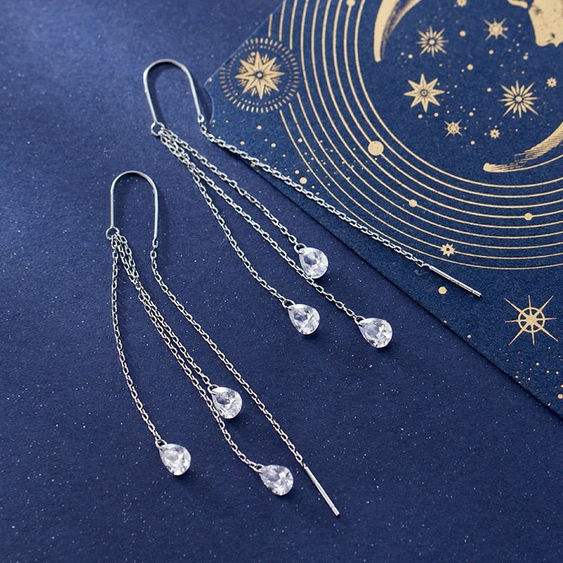 Brinco Prata Longo Gotas de Zircônia