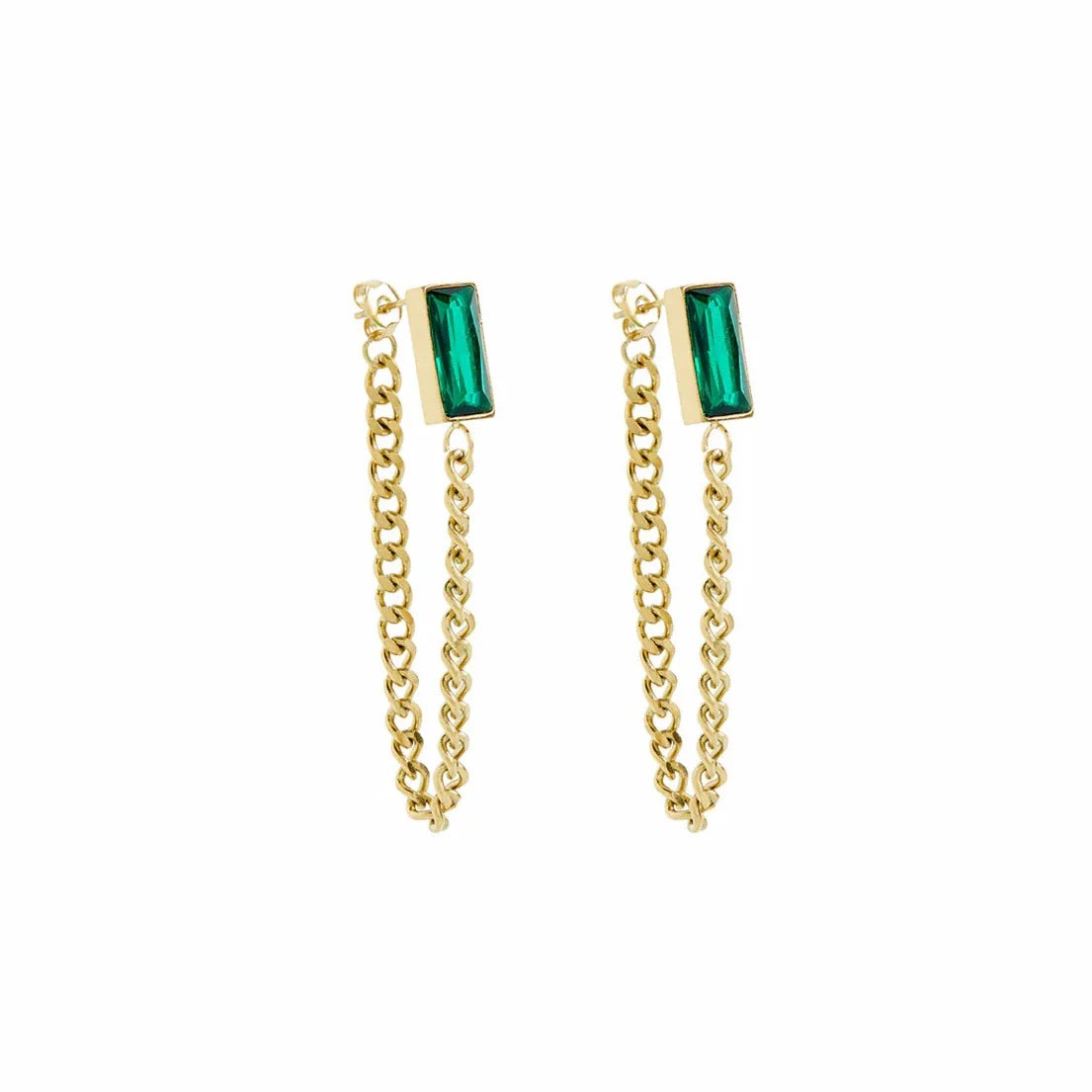Brinco Dourado Pedra Verde com Corrente
