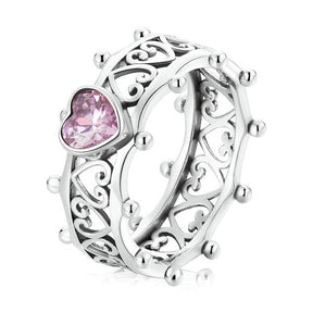 Anel Coroa Coração de Zircônia Rosa Prata