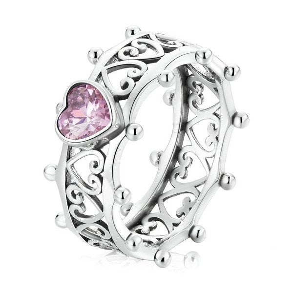 Anel Coroa Coração de Zircônia Rosa Prata