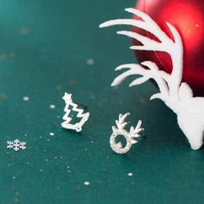 Brinco Árvore e Rena de Natal Prata