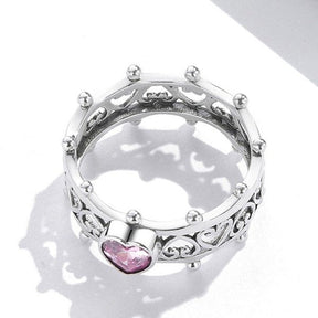 Anel Coroa Coração de Zircônia Rosa Prata