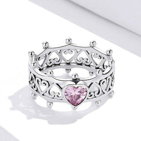 Anel Coroa Coração de Zircônia Rosa Prata