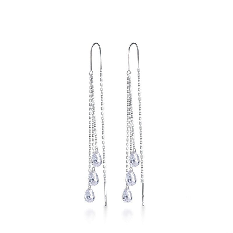 Brinco Prata Longo Gotas de Zircônia